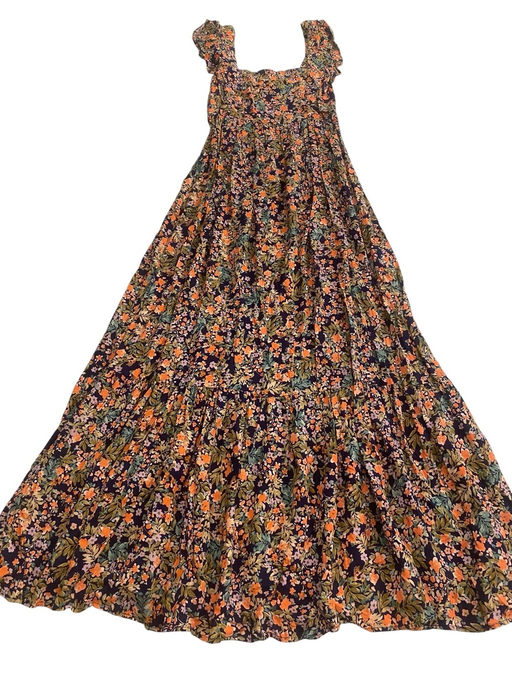 Women’s Floral Sleeveless Tiered Maxi Summer Dress Blue Orange New size small